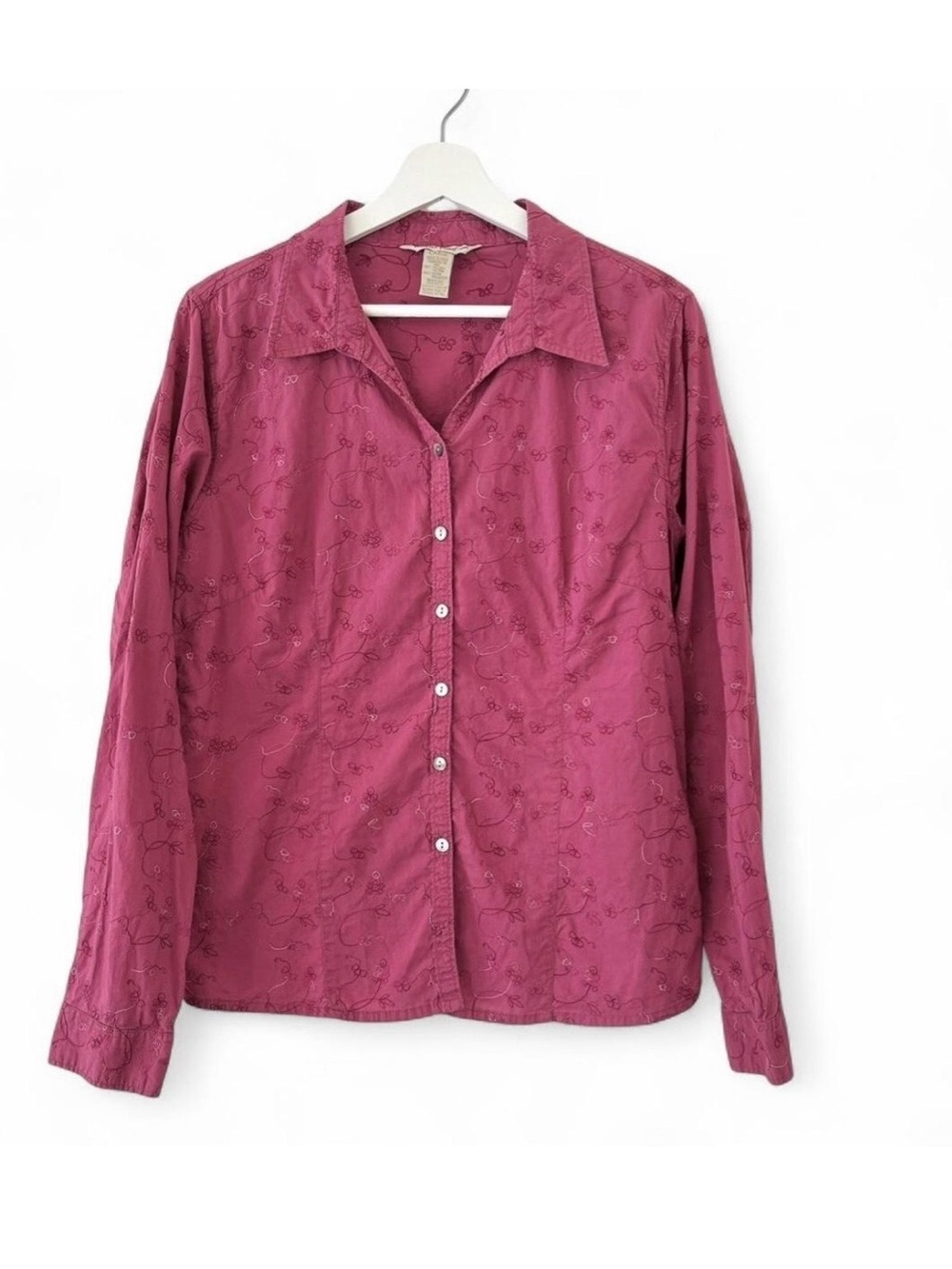 Horny Toad berry pink floral embroidered organic cotton long sleeve shirt